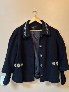 Vintage Icelandic Design Wool Blend Embroidered Short Coat Big Buttons Size XL
